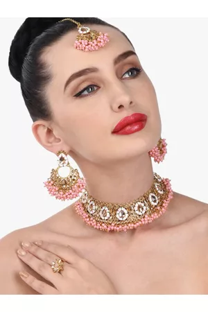 Zaveri Pearls Gold-Plated Pink & White Stone-Studded & Pearl Beaded Meenakari Jewellery Set
