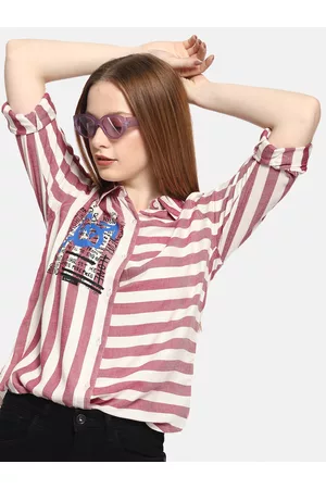 Kook N Keech Women White & Red Regular Fit Striped Casual Shirt