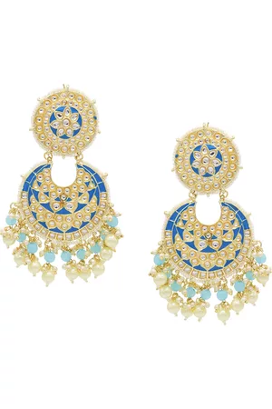 Asmitta Jewellery Gold-Toned & Blue Kundan Beaded Chandbalis Earrings