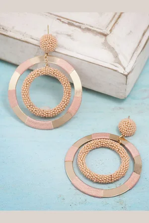 Priyaasi Peach-Coloured Gold-Plated Beaded Handcrafted Circular Drop Earrings