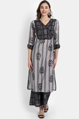 HK colours of fashion Women Grey & Black Printed Angrakha Kurta with Palazzos