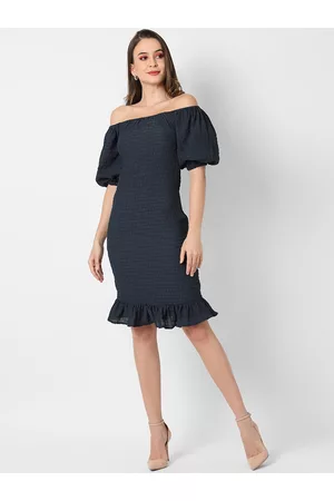 Campus Women Navy Blue Off-Shoulder Crepe Sheath Dress