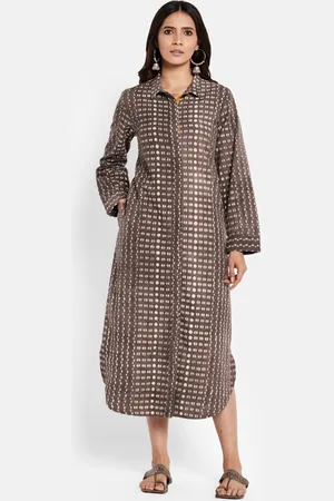Fabindia Grey Geometric Printed A-Line Midi Dress