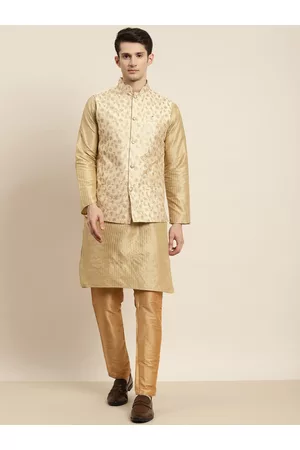 SOJANYA Men Golden & Beige Kurta with Churidar & Nehru Jacket