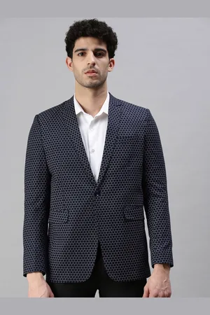 SHOWOFF Men Navy Blue & White Printed Single-Breasted Slim-Fit Casual Blazer