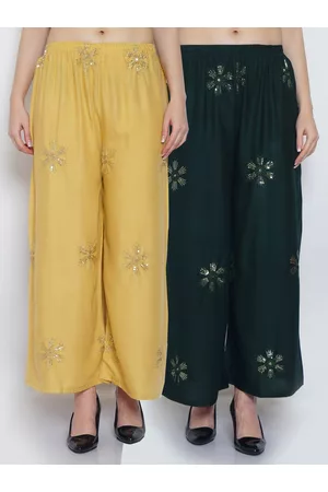 Jinfo Women Set Of 2 Beige & Green Embroidered Flared Palazzos