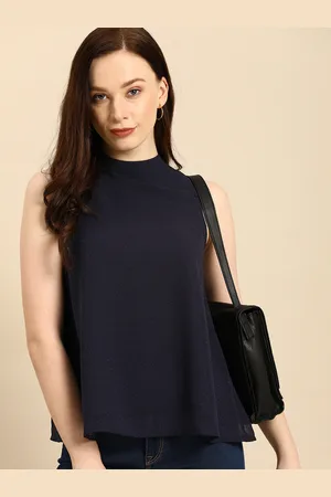 all about you Navy Blue Self Design Mandarin Collar A-Line Top