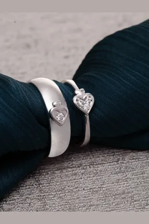 CLARA Set Of 2 Pure 925 Sterling Silver CZ-Studded Spade Adjustable Couple Finger Rings