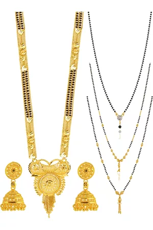 Brandsoon 5 Pc Gold-Plated Black Beaded Mangalsutra & Earrings Set
