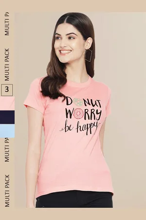 Fabflee Women Navy Blue & Peach Pack of 3 Graphic Printed Cotton T-shirt