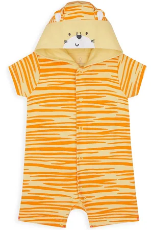 Mothercare Infants Yellow & Orange Animal Printed Pure Cotton Hooded Rompers
