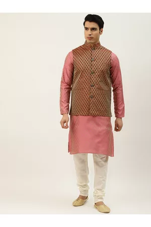 SOJANYA Men Pink & Golden Self Design Kurta with Churidar & Nehru Jacket