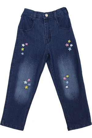 Cremlin Clothing Girls Blue Low Distress Heavy Fade Star Embroidered Jeans