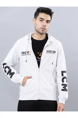 LocoMotive Men Grey & Black Printed Hooded Sweatshirt