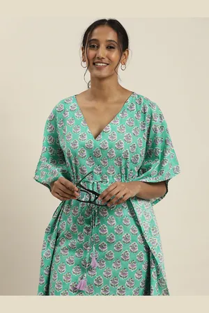 Taavi Turquoise Blue & Purple Floral Block Print Legacy Ethnic Kaftan Midi Dress