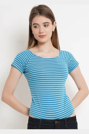 Purple State Women Blue Striped Slim Fit T-shirt
