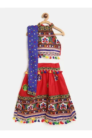 BownBee Girls Red & Blue Embroidered Ready to Wear Lehenga & Blouse with Dupatta