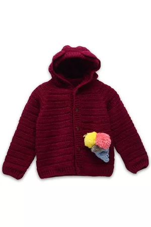 CHUTPUT Unisex Kids Maroon & Pink Ribbed Cardigan with Embellished Detail