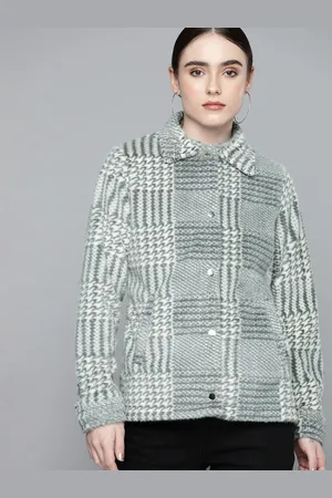 Chemistry Women Off White & Green Self-Checked Overcoat With Fuzzy Detail