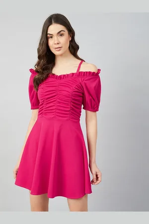 ATHENA Fuchsia Ruched Fit and Flare Dress