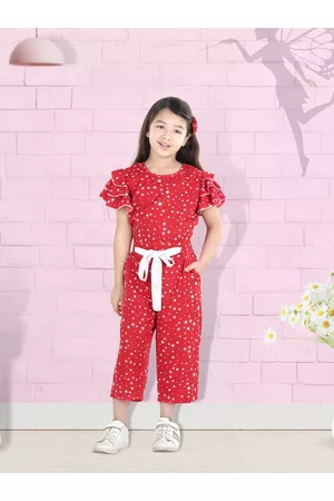 Cutiekins Girls Red & White Stars Printed Capri Jumpsuit