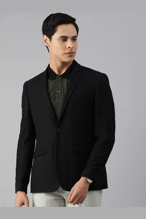 Louis Philippe Men Black Self Design Single-Breasted Cotton Super Slim-Fit Blazer