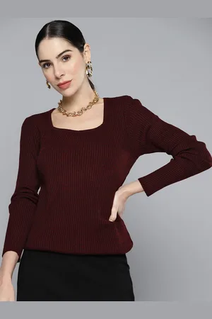 Chemistry Women Maroon Square Neck Ribbed Sweater Pullover