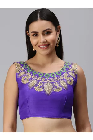 flaher Women Blue & Gold Ethnic Motifs Embroidered Saree Blouse