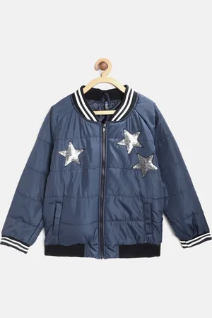 YK Girls Navy Blue & Silver Toned Solid Bomber Jacket with Sequinned Detail