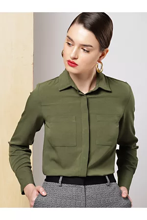 Invictus Women Olive Green Regular Fit Solid Formal Shirt