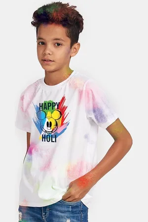 BONKIDS Boys White Happy Holi Disney Round Neck T-shirt