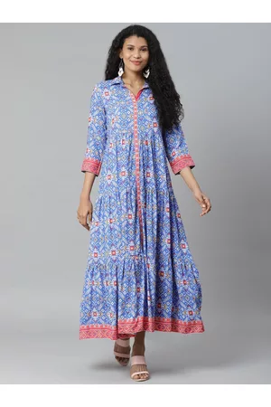 Rangriti Women Blue & Pink Tiered Printed Maxi Dress