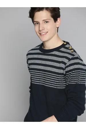 Mast & Harbour Men Navy Blue & White Striped Pullover