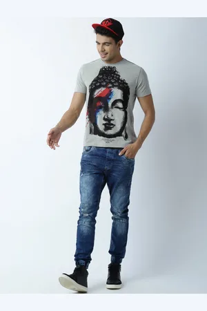 Huetrap Men Grey Melange Buddha Print Round Neck T-shirt