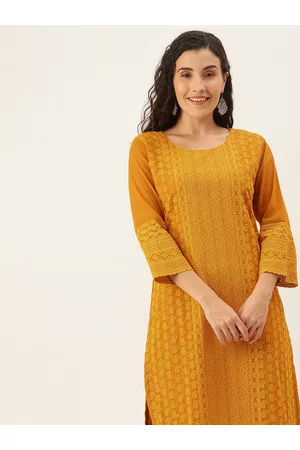 SWAGG INDIA Women Mustard Yellow Paisley Embroidered Chikankari Kurta