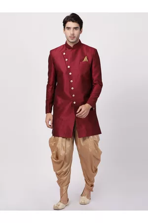 Vastramay Men Maroon & Gold-Toned Solid Silk Sherwani Set