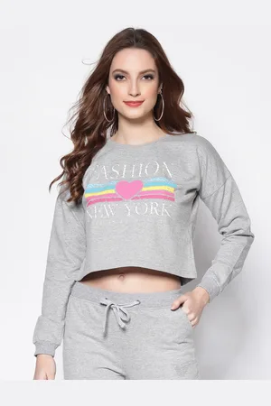 Sera Women Grey Melange Typography Printed Crop Sweatshirt