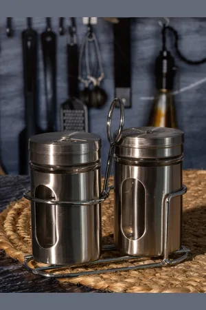 GOODHOMES Glass & Metal Spice Jar With Cover & Stand- 2 Pieces