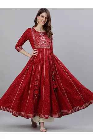 Ishin Women Maroon Bandhani Print Zari Detail Anarkali Kurta