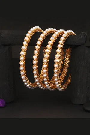 Adwitiya Collection Set Of 4 24 CT Gold-Plated White Beaded Handcrafted Bangles