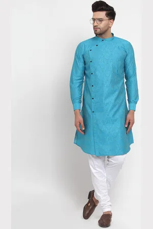 KLOTTHE Men Blue Ethnic Motifs Woven Design Thread Work Mandarin Collar Kurta