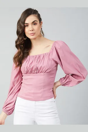 ATHENA Pink Puff Sleeve Ruched Fitted Top
