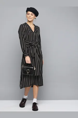 marie claire Women Black & Off-White Striped A-Line Dress