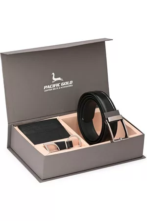 Pacific Men Black & Silver-Toned Genuine Leather Accessory Gift Set