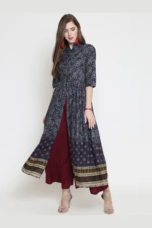 Sera Women Blue Ethnic Motifs Printed High Slit Pure Cotton Kurta with Palazzos