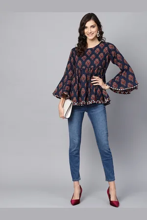 Azira Navy Blue & Maroon Ethnic Motifs Pleated Empire Pure Cotton Top