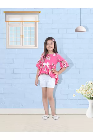 Cutiekins Girls Pink & White Printed Top with Shorts