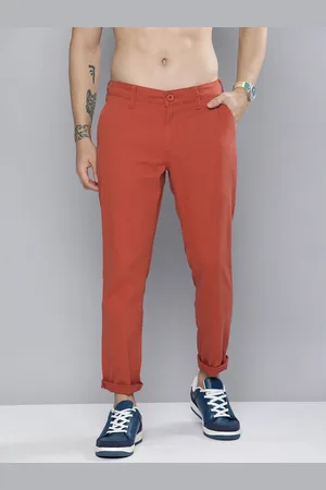 HERE&NOW Men Rust Red Solid Slim Fit Mid-Rise Regular Trousers