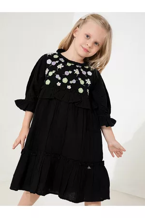Cherry Crumble Girls Black A-Line Embroidered Dress