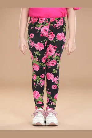 StyleStone Girls Black & Pink Printed Cotton Jeggings
